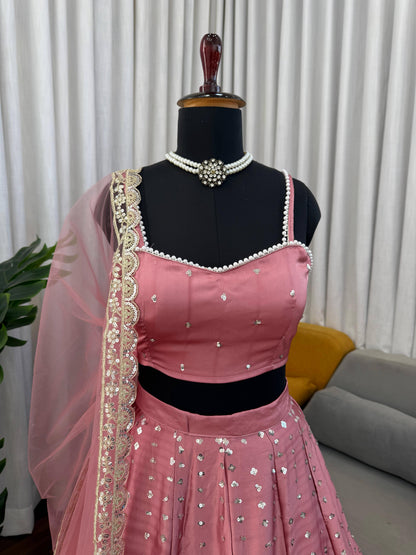 Dusty Pink Satin Embroidered Lehenga Set for Women