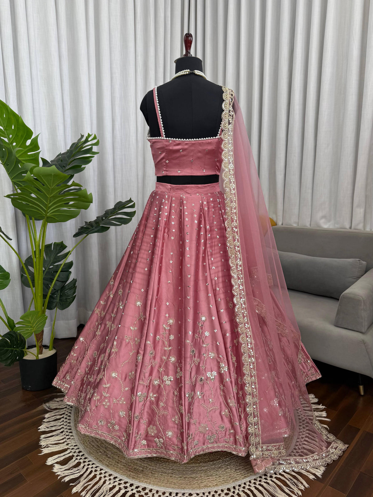 Dusty Pink Satin Embroidered Lehenga Set for Women