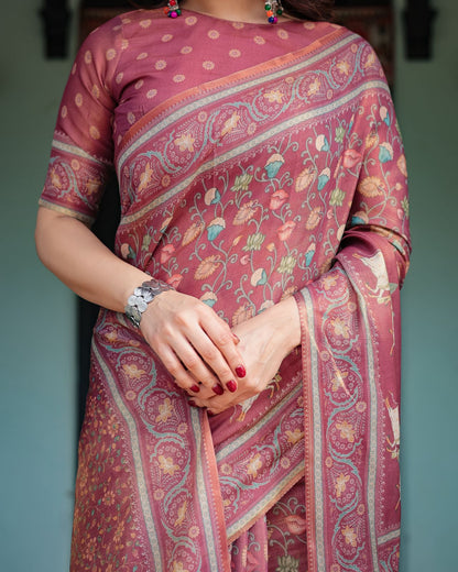 Dusty Rose Floral Handloom Saree with Heritage Pallu for Women