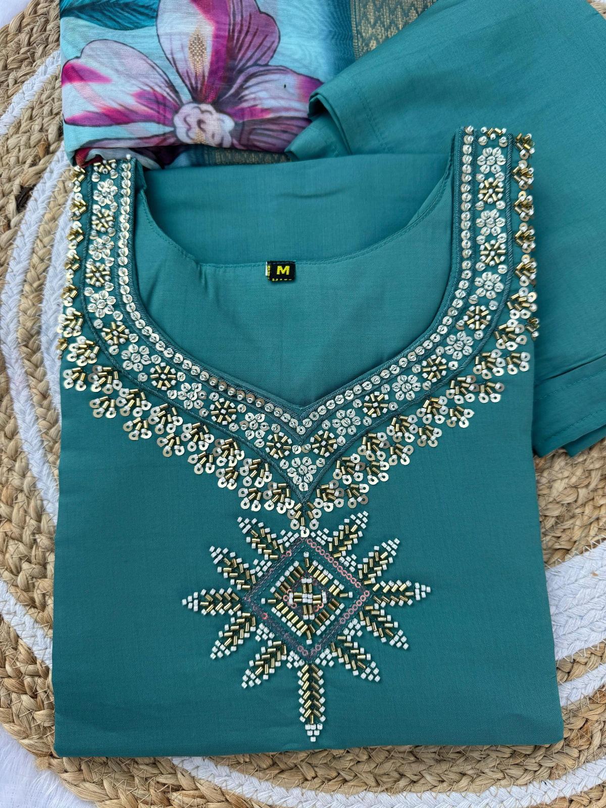 eal Green Embroidered Roman Silk Kurti Set Dupatta for Women