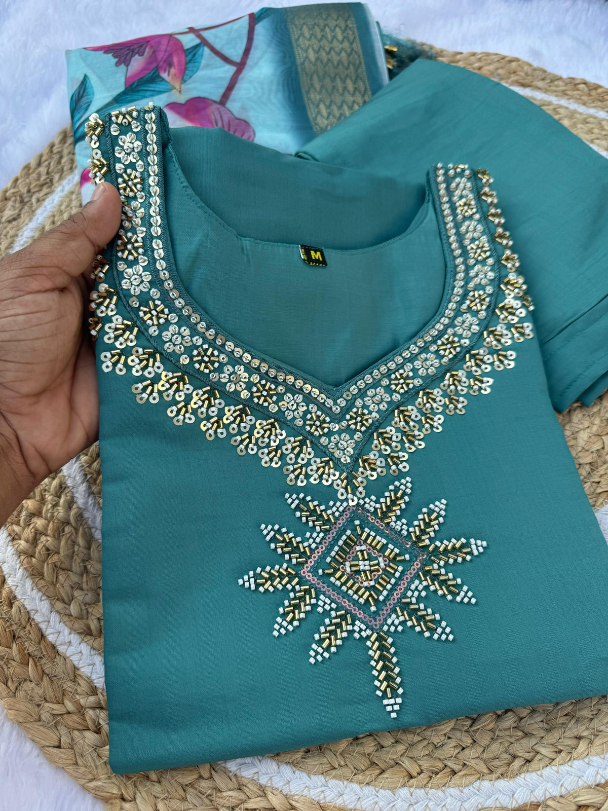 eal Green Embroidered Roman Silk Kurti Set Dupatta for Women