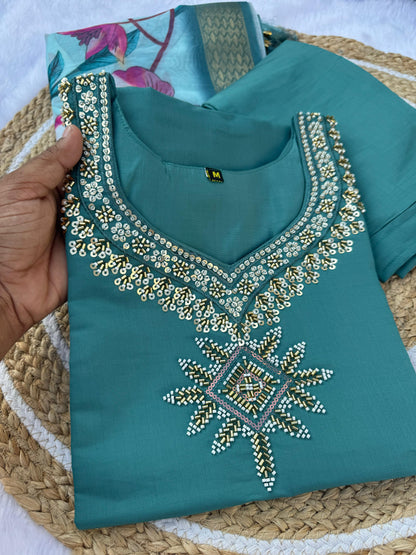 eal Green Embroidered Roman Silk Kurti Set Dupatta for Women
