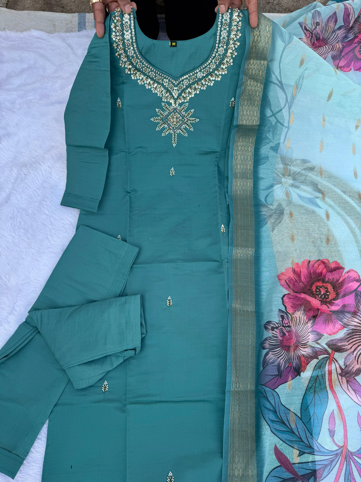 eal Green Embroidered Roman Silk Kurti Set Dupatta for Women