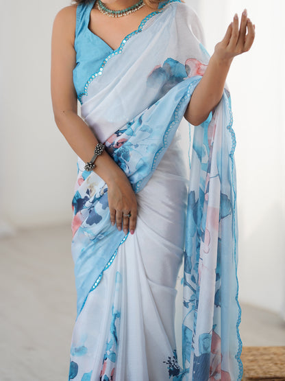 Elegant Aqua Printed Heavy Chinon Saree for Women