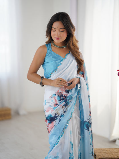 Elegant Aqua Printed Heavy Chinon Saree for Women