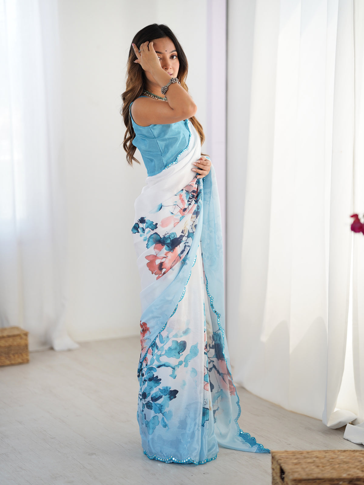 Elegant Aqua Printed Heavy Chinon Saree for Women