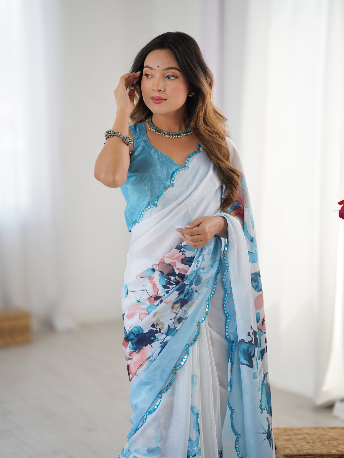 Elegant Aqua Printed Heavy Chinon Saree for Women