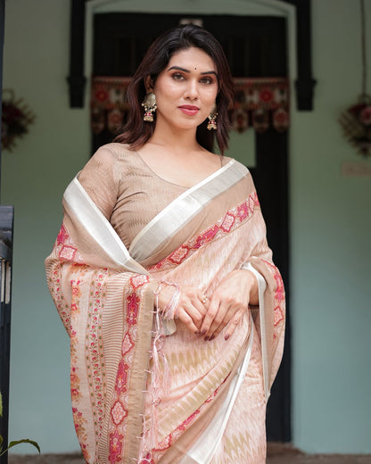 Elegant Beige &amp; Peach Linen Saree with Designer Border for Women
