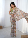 Elegant Beige Printed Chinnon Saree with Blouse