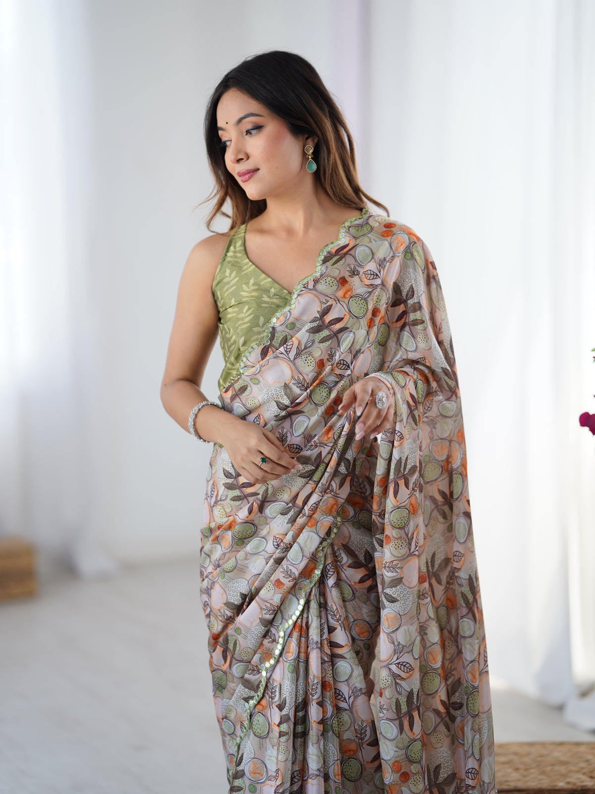 Elegant Beige Printed Chinnon Saree with Blouse for Women