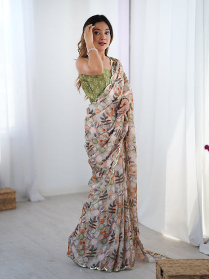 Elegant Beige Printed Chinnon Saree with Blouse for Women