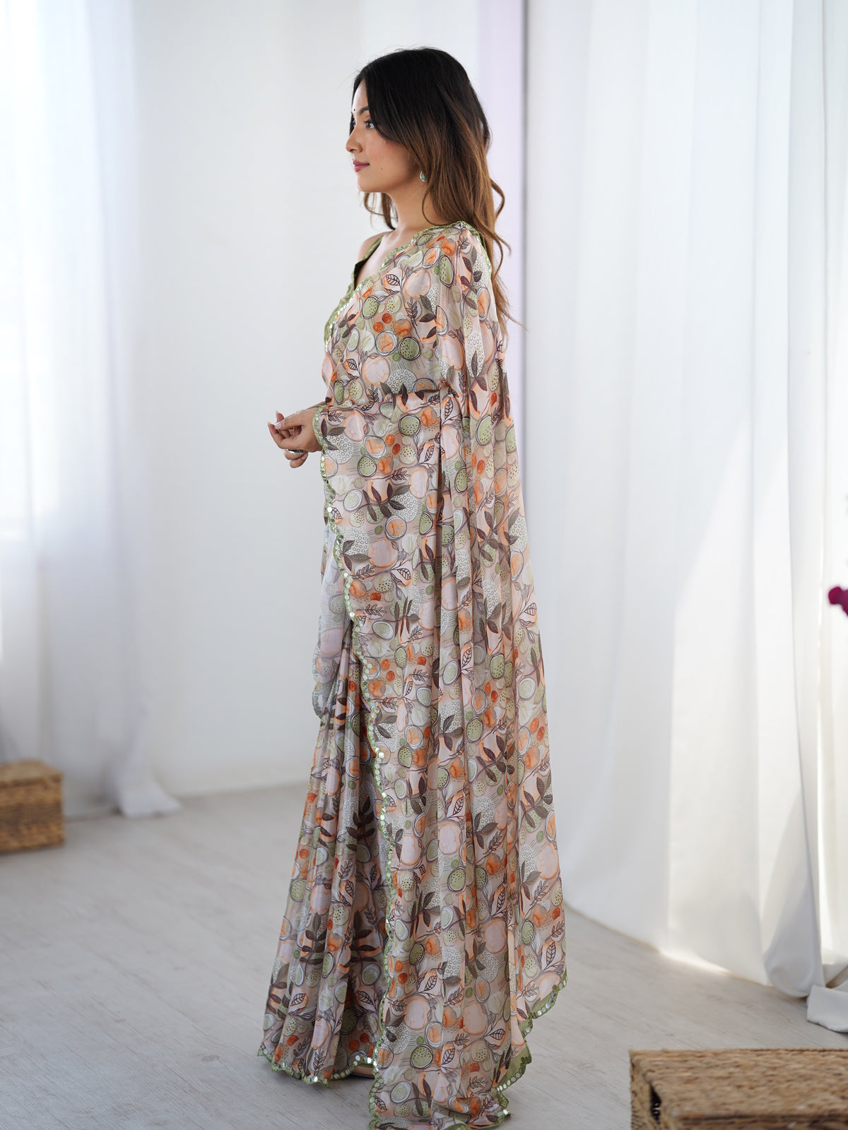 Elegant Beige Printed Chinnon Saree with Blouse for Women