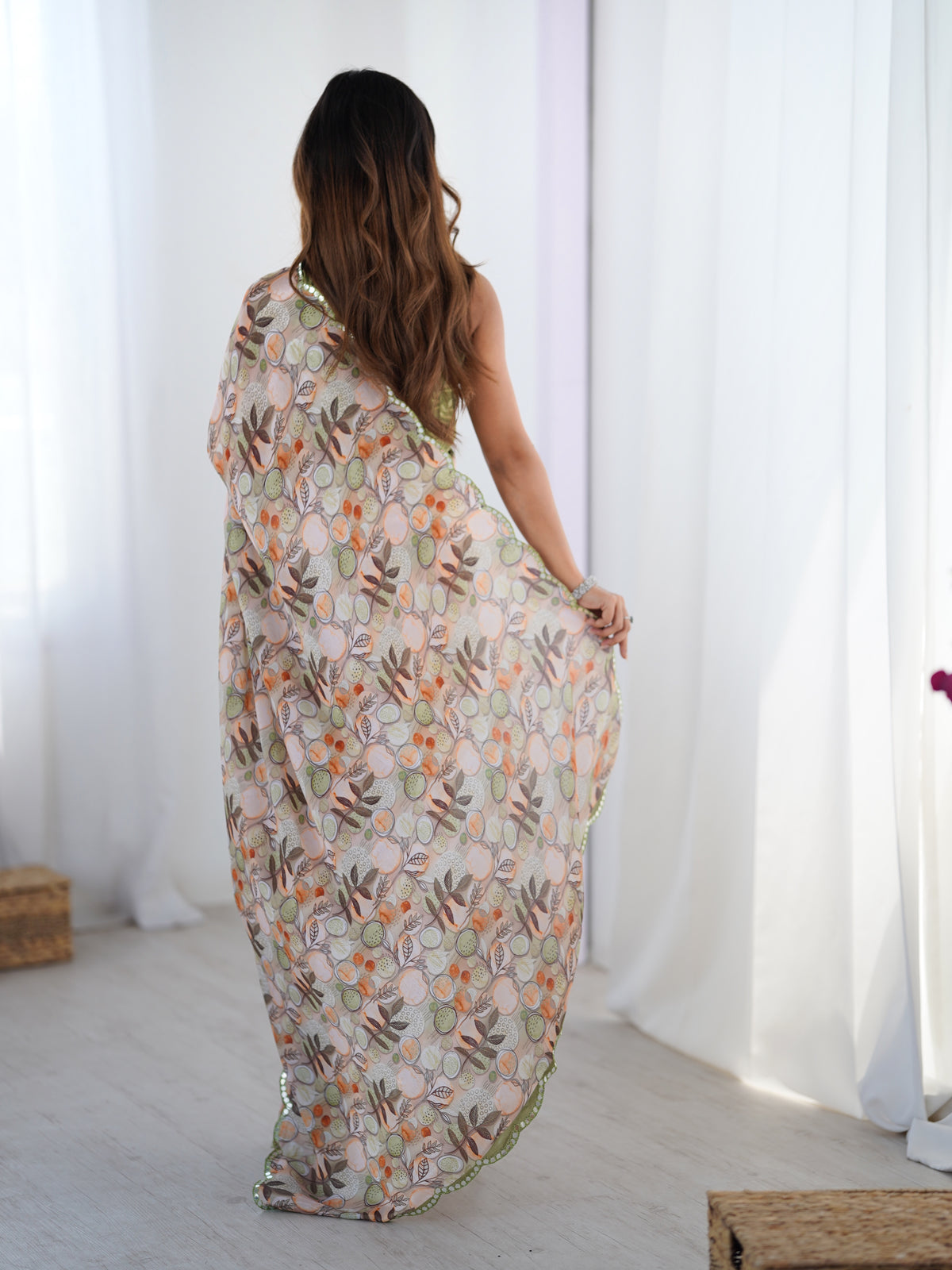 Elegant Beige Printed Chinnon Saree with Blouse for Women