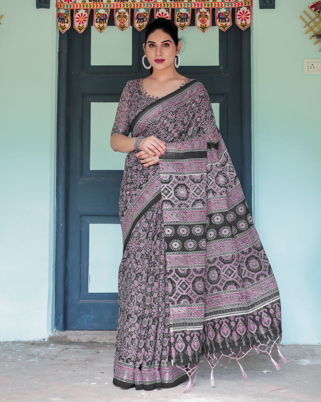 Elegant Black Ajrakh Linen Saree with Pink