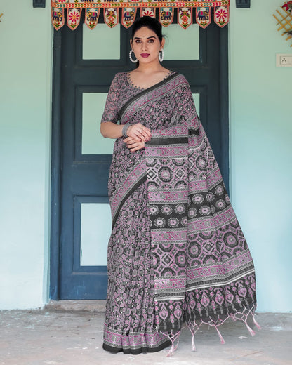 Elegant Black Ajrakh Linen Saree with Pink for Women