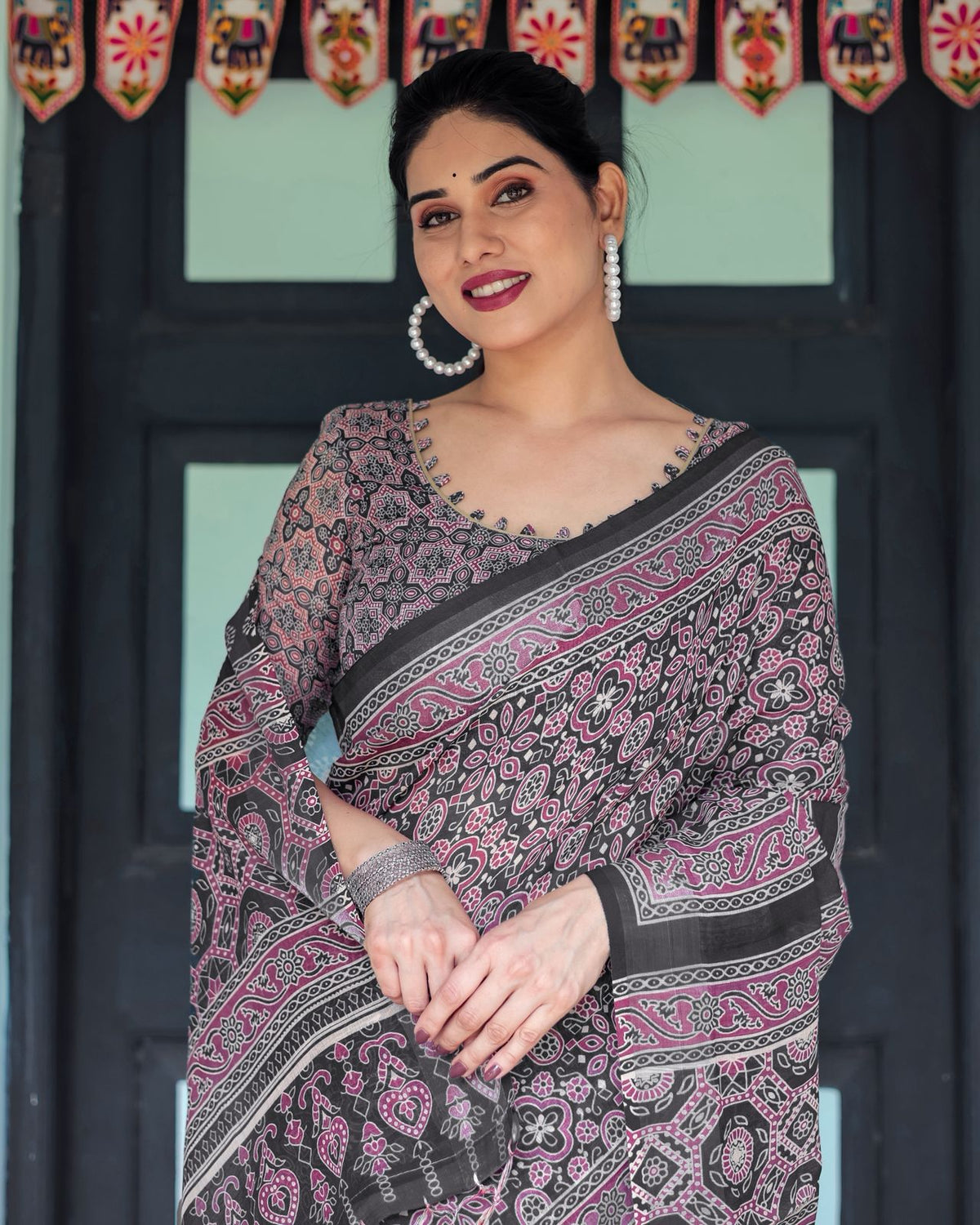 Elegant Black Ajrakh Linen Saree with Pink for Women