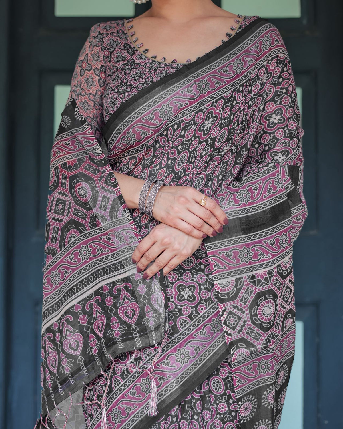 Elegant Black Ajrakh Linen Saree with Pink for Women
