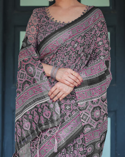 Elegant Black Ajrakh Linen Saree with Pink for Women