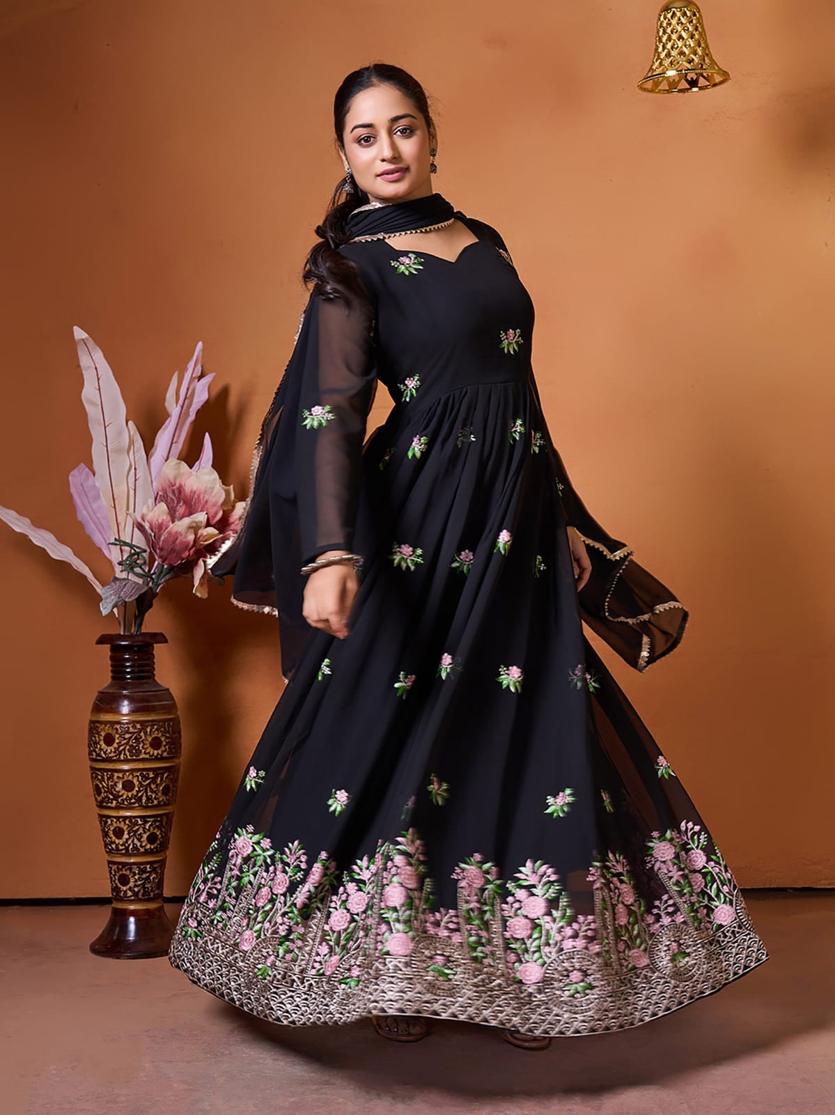 Elegant Black Ethnic Gown with Floral Embroidery for Women