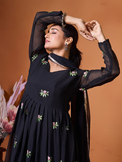Elegant Black Ethnic Gown with Floral Embroidery for Women