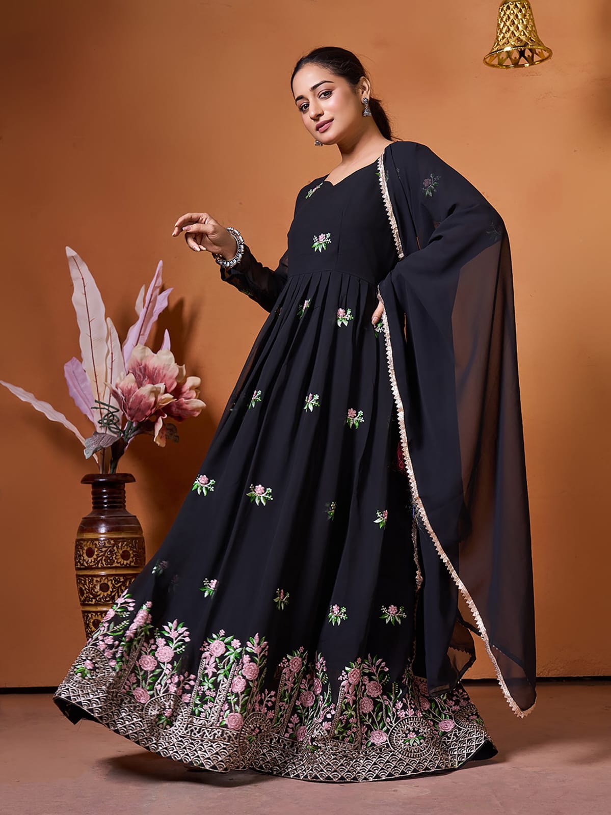 Elegant Black Ethnic Gown with Floral Embroidery for Women