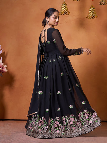 Elegant Black Ethnic Gown with Floral Embroidery for Women