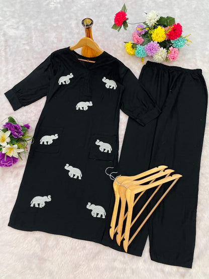 Elegant Black Elephant Print Rayon Kurti Pant Set for Women