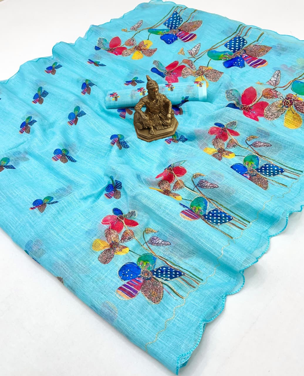 Elegant Sky Blue Floral Linen Saree with Aari Work for Women