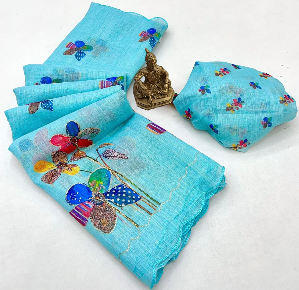 Elegant Sky Blue Floral Linen Saree with Aari Work for Women