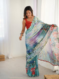 Elegant Aqua Blue Floral Saree with Mirror Lace