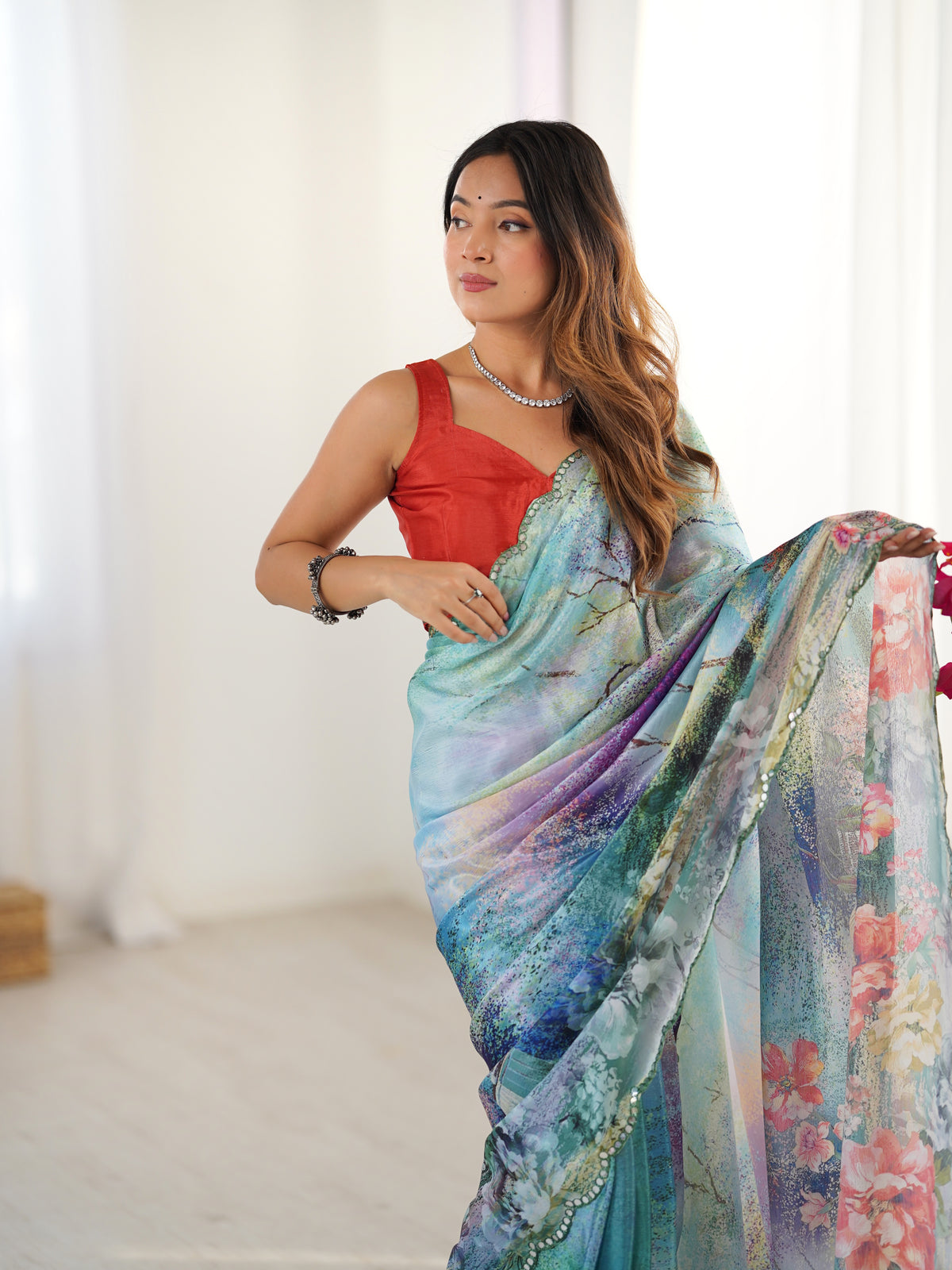Elegant Aqua Blue Floral Saree with Mirror Lace for Women