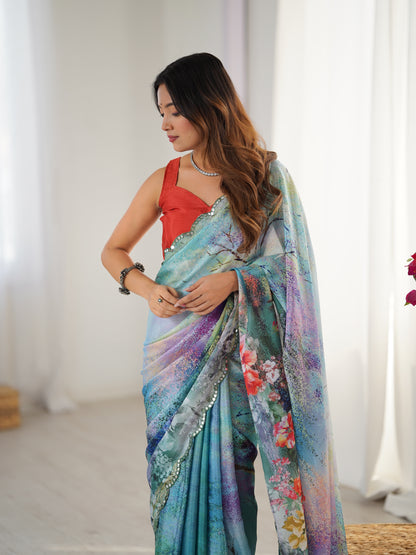 Elegant Aqua Blue Floral Saree with Mirror Lace for Women