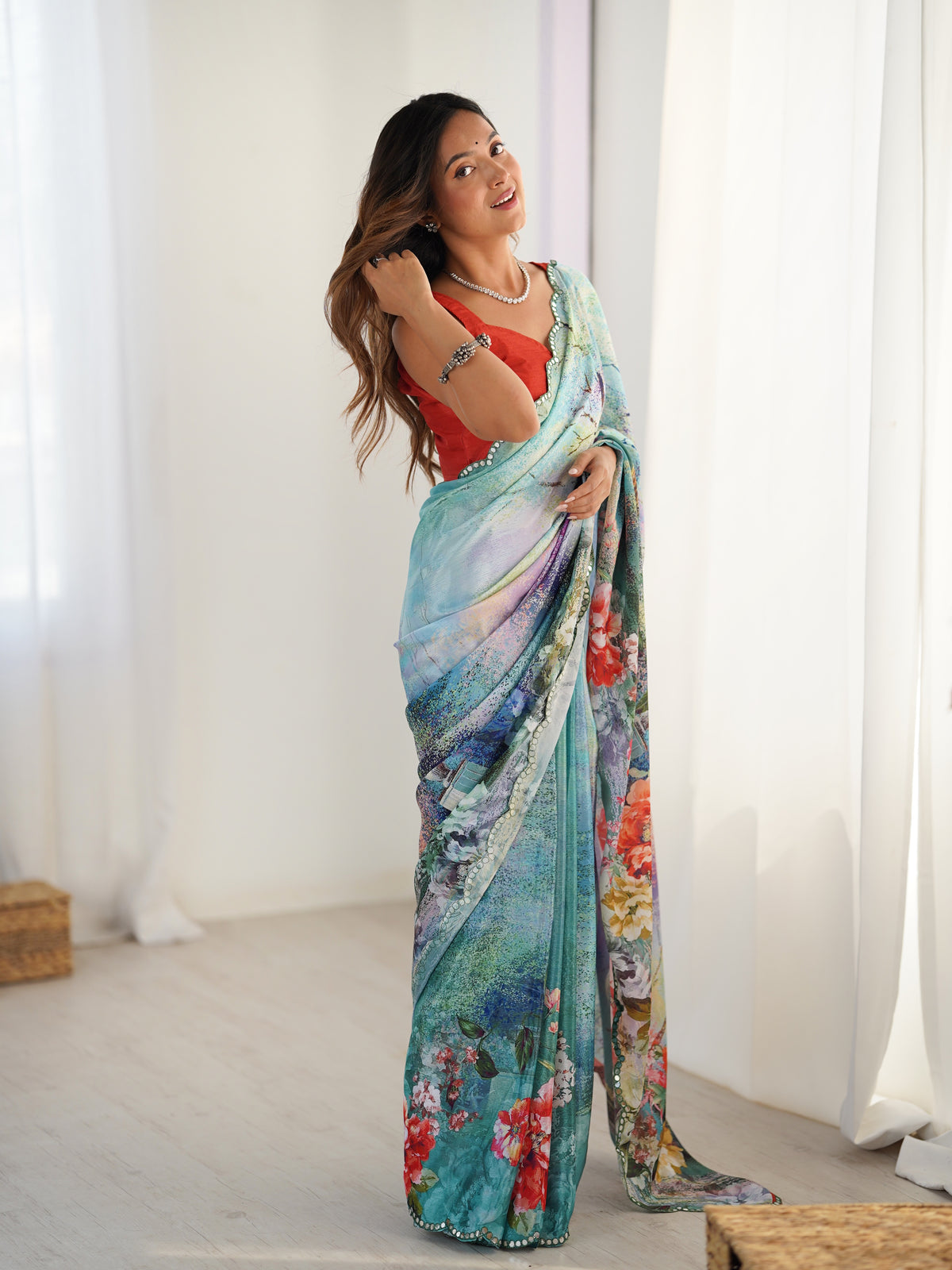 Elegant Aqua Blue Floral Saree with Mirror Lace for Women