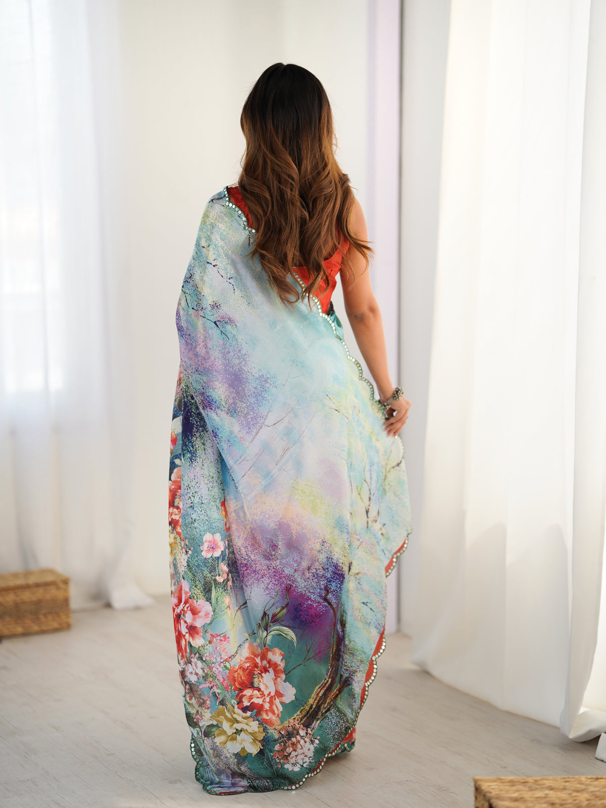 Elegant Aqua Blue Floral Saree with Mirror Lace for Women