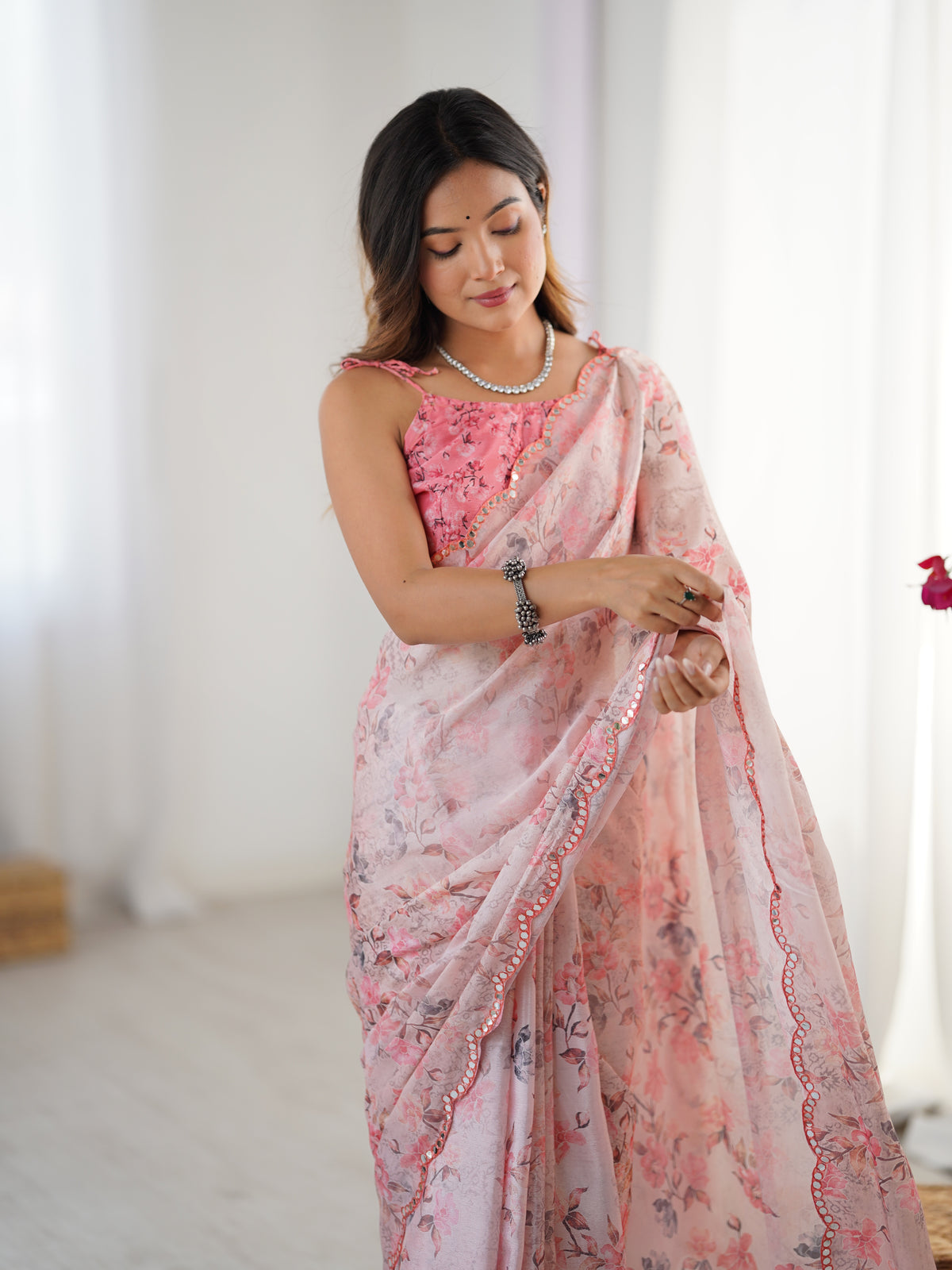 Elegant Blush Pink Chinon Saree with Mirror Work for Women