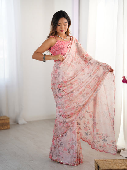 Elegant Blush Pink Chinon Saree with Mirror Work for Women