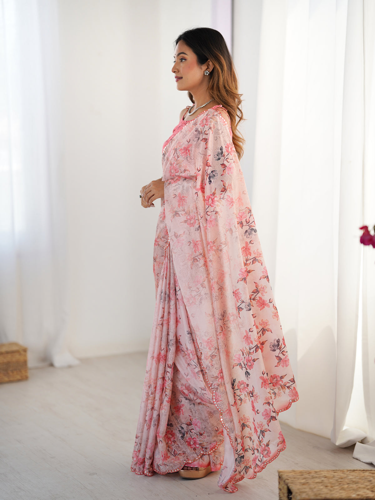 Elegant Blush Pink Chinon Saree with Mirror Work for Women