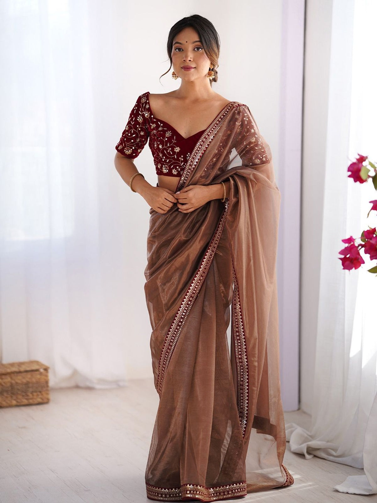 Elegant Brown Net Saree with Embroidered Blouse