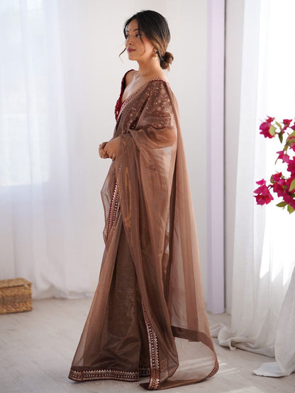 Elegant Brown Net Saree with Embroidered Blouse for Women