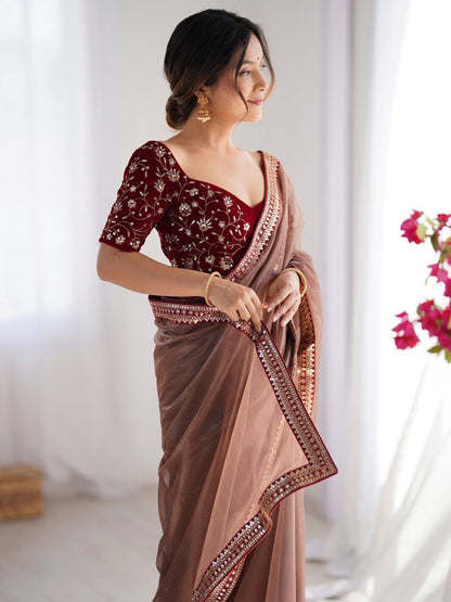 Elegant Brown Net Saree with Embroidered Blouse for Women
