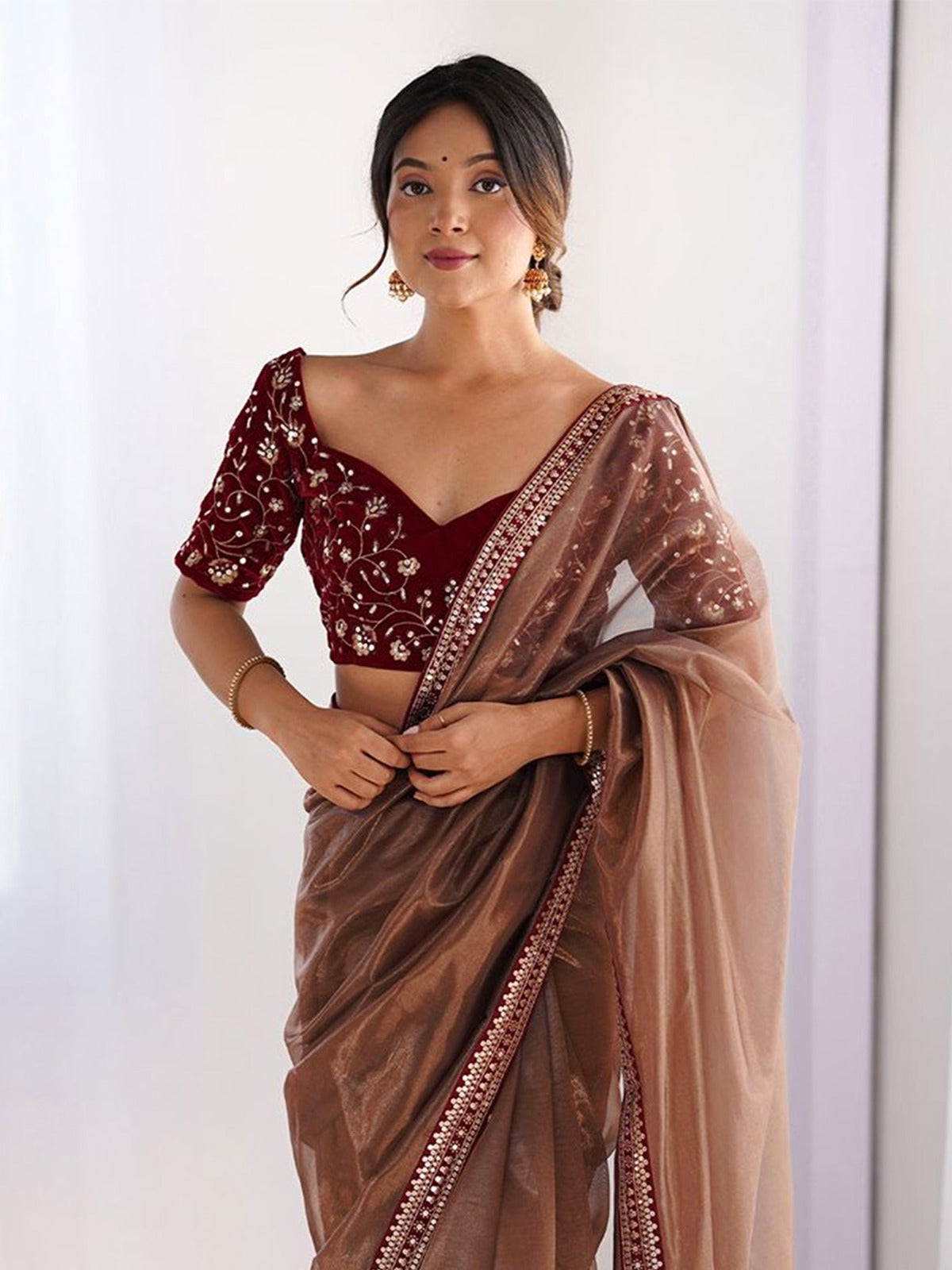 Elegant Brown Net Saree with Embroidered Blouse for Women