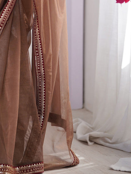 Elegant Brown Net Saree with Embroidered Blouse for Women