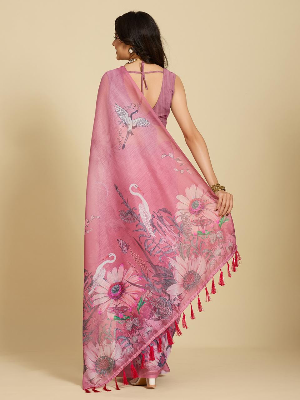 Elegant Pink Floral Cotton Designer Saree with Blouse for Women