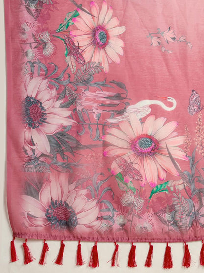 Elegant Pink Floral Cotton Designer Saree with Blouse for Women