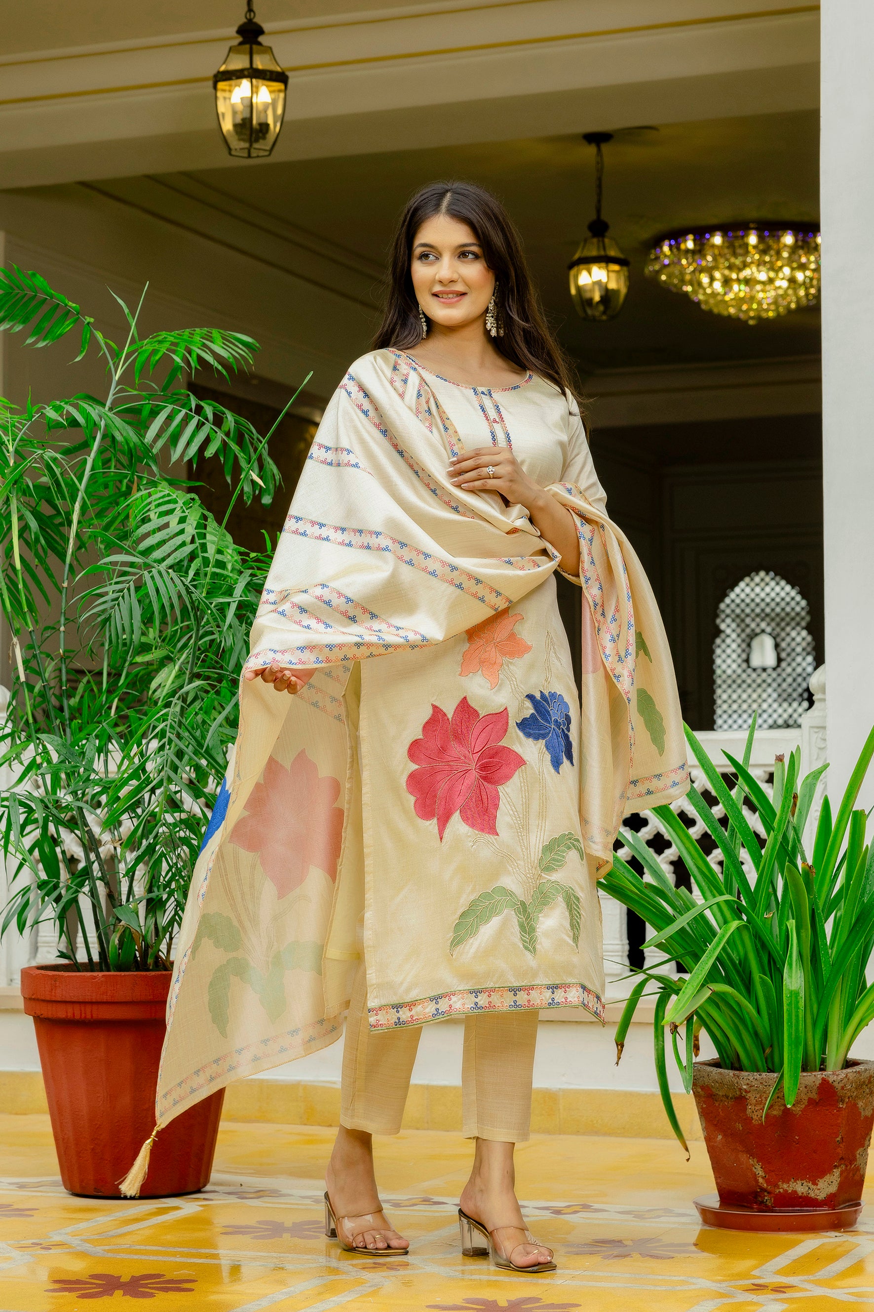 Elegant Cream Assam Silk Kurti Set with Floral Dupatta