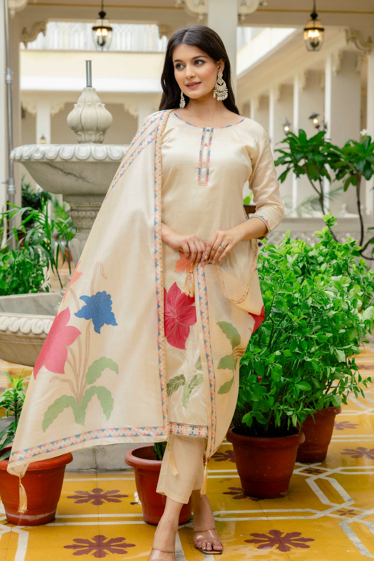 Elegant Cream Assam Silk Kurti Set with Floral Dupatta for Women
