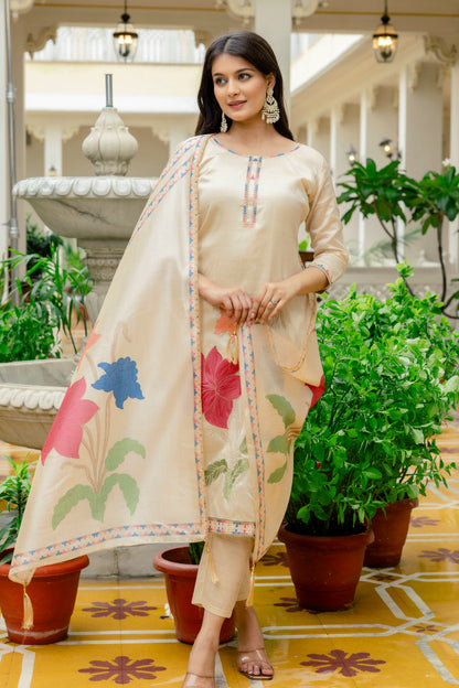 Elegant Cream Assam Silk Kurti Set with Floral Dupatta for Women