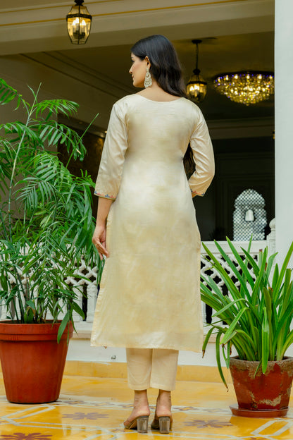 Elegant Cream Assam Silk Kurti Set with Floral Dupatta for Women