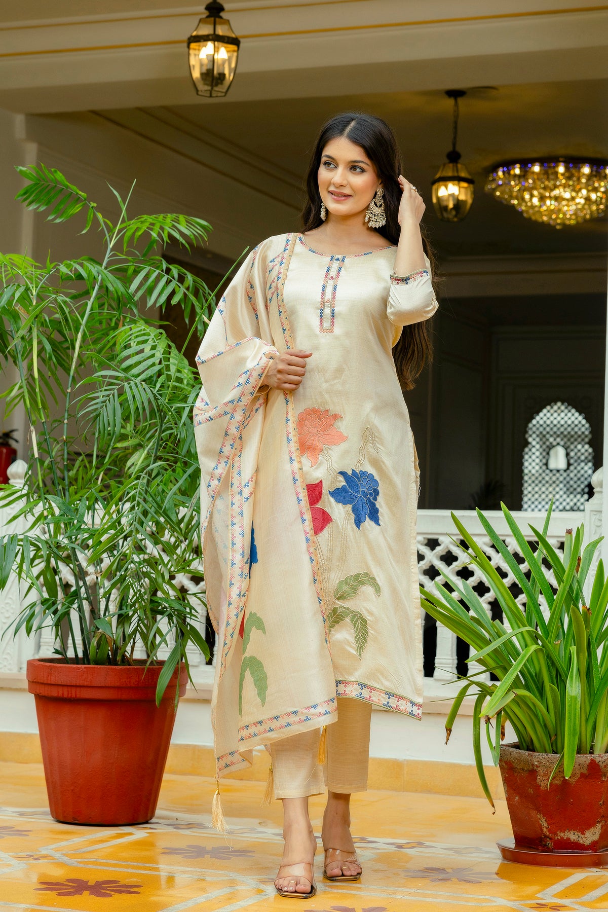 Elegant Cream Assam Silk Kurti Set with Floral Dupatta for Women