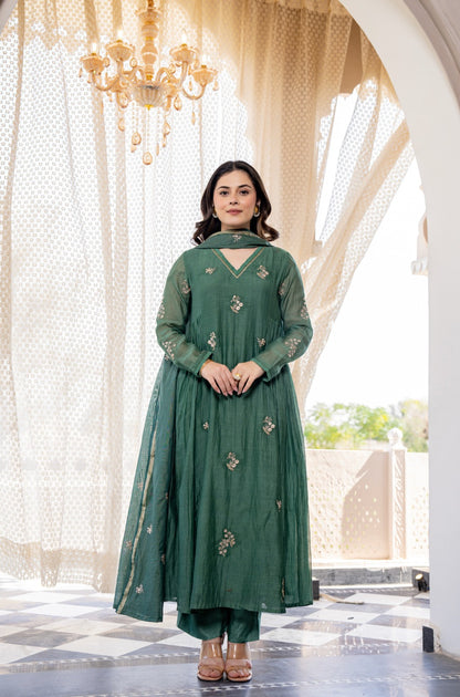 Elegant Green Chanderi Silk Kurti Pant Dupatta Set for Women